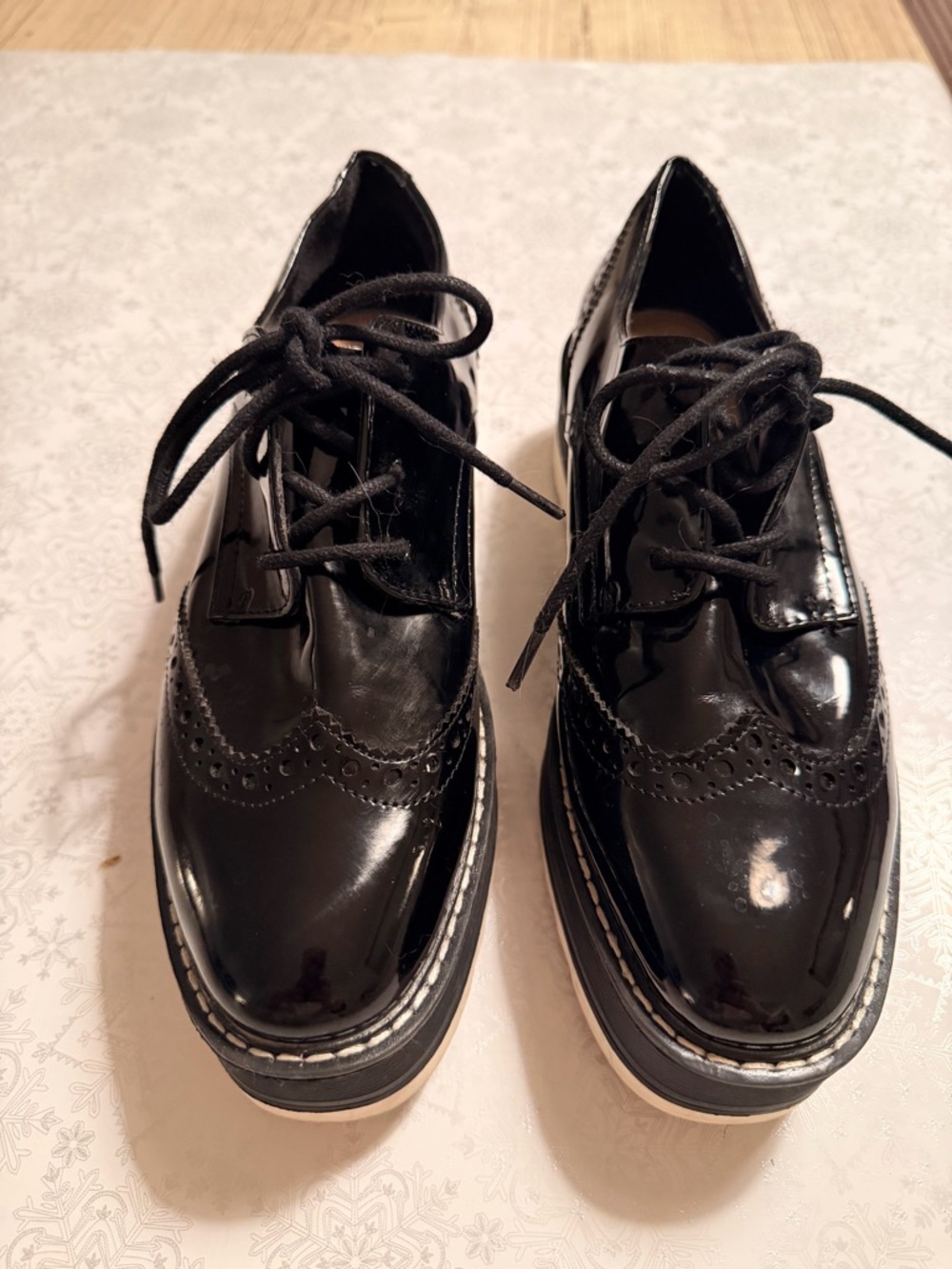 Zara Black Patent Leather Wintip Lace-up Oxford Derby Platform Loafers